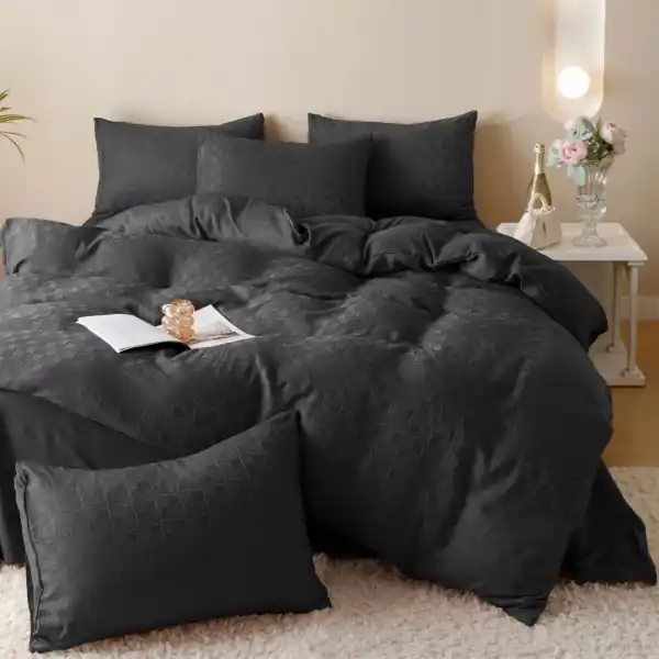 Discount Lenjerie de pat, tesatura tip jacquard finetat, pat 2 persoane, 6 piese, negru, JJ-10