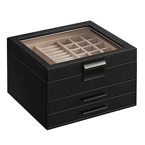 Cutie bijuterii cu 2 sertare, MDF / piele ecologica, negru, Songmics Nu rata