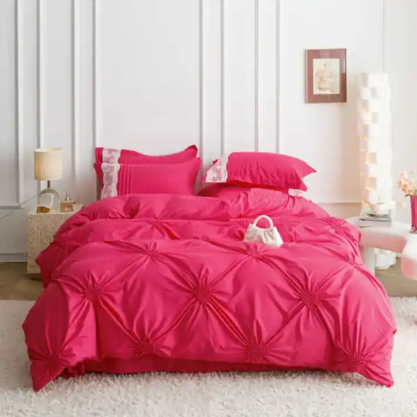 Lenjerie de pat uni cu pliuri si broderie, tesatura tip finet, 6 piese, pat 2 persoane, magenta, FNJS-60 Calitate înaltă