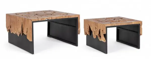 Doar azi Set 2 masute de cafea negre din Lemn de Teak si metal, 80 - 60 cm, Grenada Bizzotto