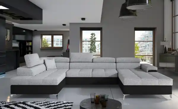 Canapea modulara, extensibila, cu spatiu pentru depozitare, 345x202x90 cm, Eduardo L01, Eltap Bej Pepit / Bej deschis Preț redus