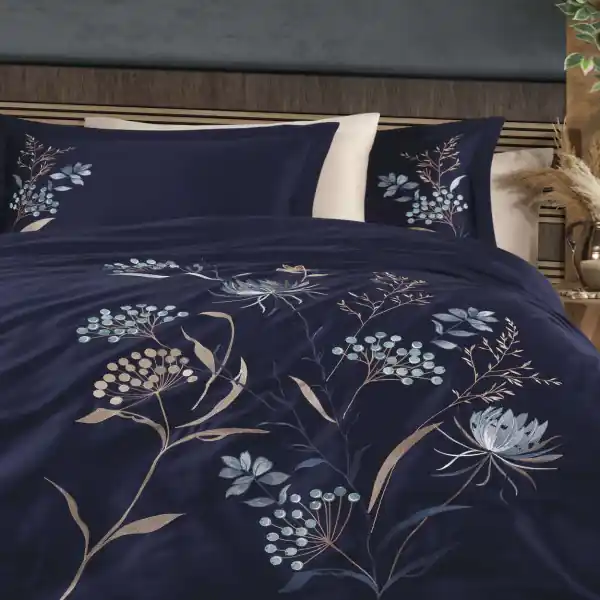 Chilipir Lenjerie de pat cu broderie, bumbac 100%, pat 2 persoane, 6 piese, bleumarin, Nilufer