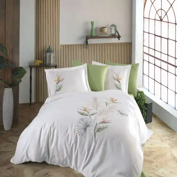 Lenjerie de pat cu broderie, bumbac 100%, pat 2 persoane, 6 piese, alb / verde, Starlice Cel mai vândut