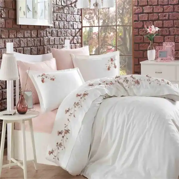 Dantela Vita, Lenjerie de pat 2 persoane, cu broderie, bumbac satinat, 6 piese, alb/roz, Anetta Noutate