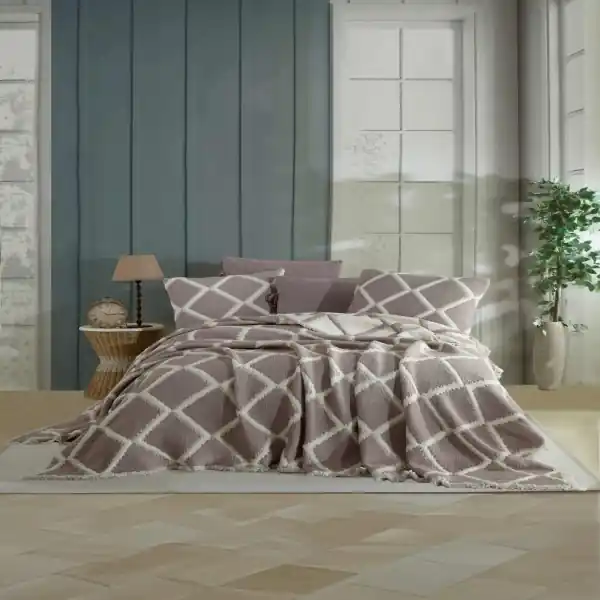 Cumpără online Dantela Vita, Set lenjerie de pat si cuvertura, pat 2 persoane, bumbac tip muselina, 7 piese, bej, Garcia