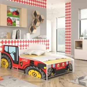 Expediere rapidă Pat copii cu saltea din spuma si somiera incluse, Tractor Red, ADRK Furniture 140x70 cm