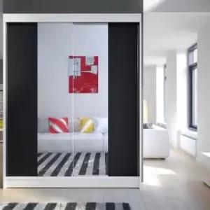 Dulap cu usi glisante si oglinda 150x200 cm, Fever, ADRK Furniture Alb / Negru Ofertă limitată