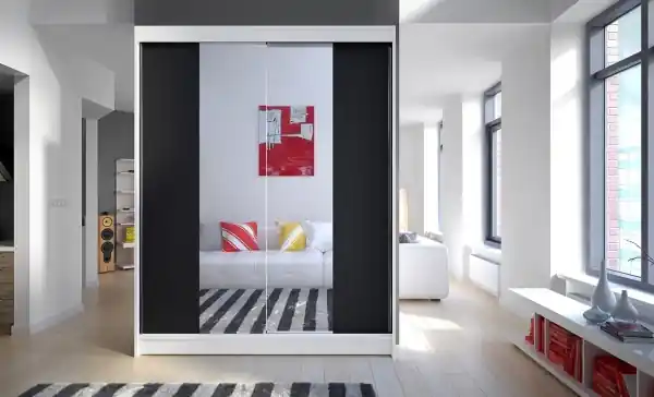 Dulap cu usi glisante si oglinda 150x200 cm, Fever, ADRK Furniture Alb / Negru Ofertă limitată