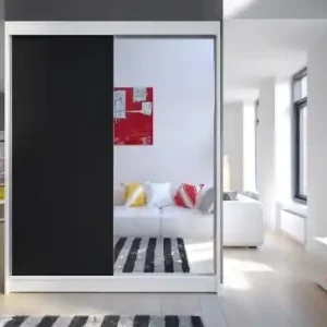 Dulap cu usi glisante si oglinda 150x200 cm, Jordi, ADRK Furniture Alb / Negru Preț redus
