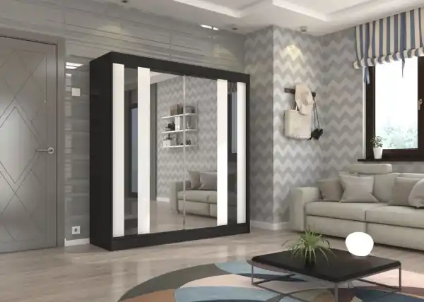 Ofertă Dulap cu usi glisante si oglinda 200x215 cm, Keita, ADRK Furniture Alb / Negru Lacobel