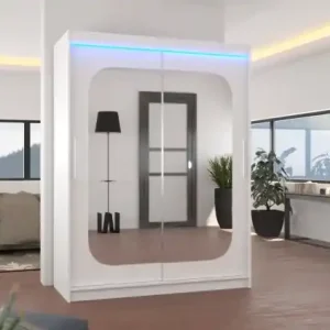 Premium Dulap cu usi glisante si oglinda + iluminare LED, Clever 150 + LED, 150 cmx200 cmx58 cm, ADRK Furniture Alb