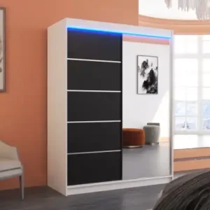 Reduceri Dulap cu usi glisante si oglinda + iluminare LED, Limbo 150 + LED, 150 cmx200 cmx58 cm, ADRK Furniture Alb / Negru