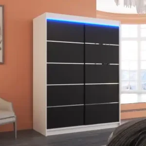 Cel mai vândut Dulap cu usi glisante si iluminare LED, Luft 150 + LED, 150 cmx200 cmx58 cm, ADRK Furniture Alb