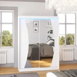 Vezi acum Dulap cu usi glisante si oglinda + iluminare LED, Modesto 150 + LED, 150 cmx200 cmx58 cm, ADRK Furniture Alb