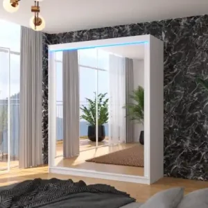 Plată securizată Dulap cu usi glisante si oglinda + iluminare LED, Morgan 180 + LED, 180 cmx200 cmx58 cm, ADRK Furniture Alb