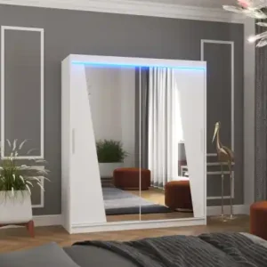 Dulap cu usi glisante si oglinda + iluminare LED, Preto 180 + LED, 180 cmx200 cmx58 cm, ADRK Furniture Alb Super ofertă