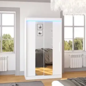Dulap cu usi glisante si oglinda + iluminare LED, Santos 120 + LED, 120 cmx200 cmx58 cm, ADRK Furniture Alb Expediere rapidă