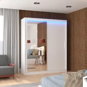 Dulap cu usi glisante si oglinda + iluminare LED, Tom 180 + LED, 180 cmx200 cmx58 cm, ADRK Furniture Alb Ofertă