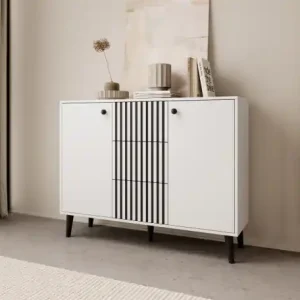 Comodă cu doua usi si trei sertare, 120x35x93cm, IKA, ADRK Furniture Alb / Negru Noutate