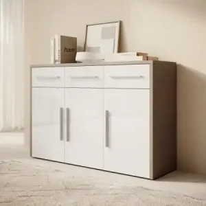 Reducere de preț Comodă 130x39x86cm, Marden, ADRK Furniture Alb Lucios / Negru