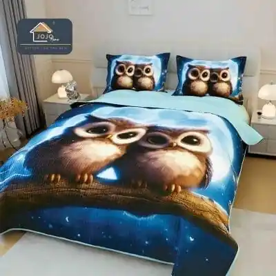 Cuvertură matlasată 5D albastră cu bufnițe JOJO HOME – 3 piese Cumpărături sigure