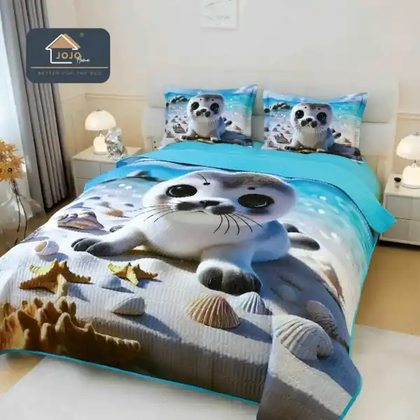 Retur gratuit Cuvertură matlasată 5D albastră cu focă JOJO HOME – 3 piese