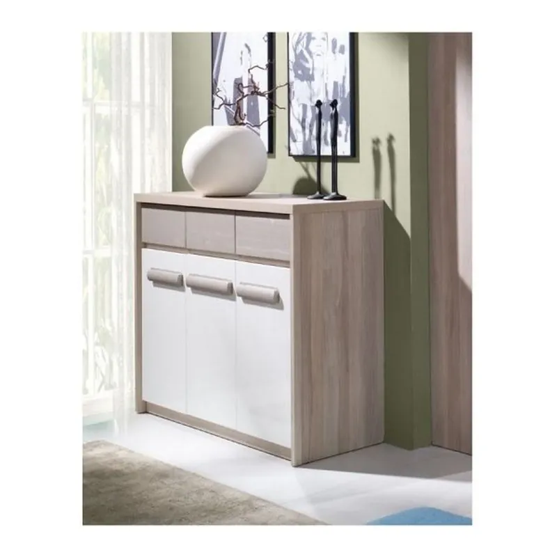 Comoda ROMA 12, stejar Ferrara/alb lucios/gri mat, PAL/PVC, 135x43x104 cm Ultima șansă