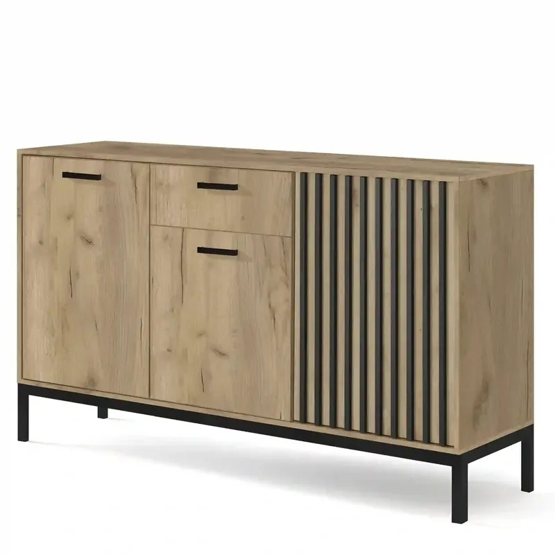 Comoda LAMINO KM-1, stejar/negru, PAL laminat/polipropilena, 154x40x84 cm Ofertă limitată