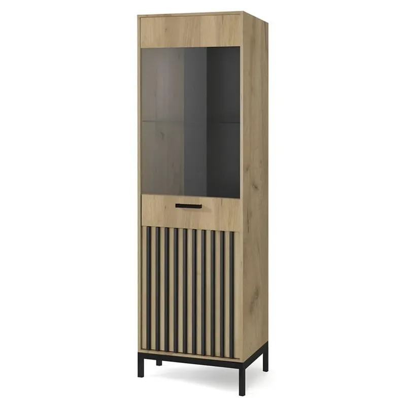 Calitate înaltă Vitrina LAMINO W-1, stejar craft/negru, PAL laminat/polipropilena, 54x40x191 cm