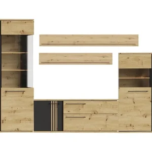 Mobilier living MOLTO A, stejar artisan/negru, PAL/sticla, cu iluminare LED, 5 piese, 336x37x195 cm Cumpără online