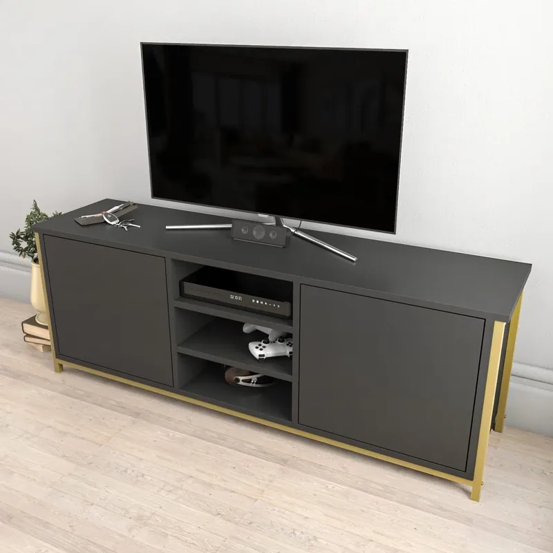 Comoda TV OTIS, gri antracit/auriu, PAL melaminat, 140x35x51 cm Livrare rapidă
