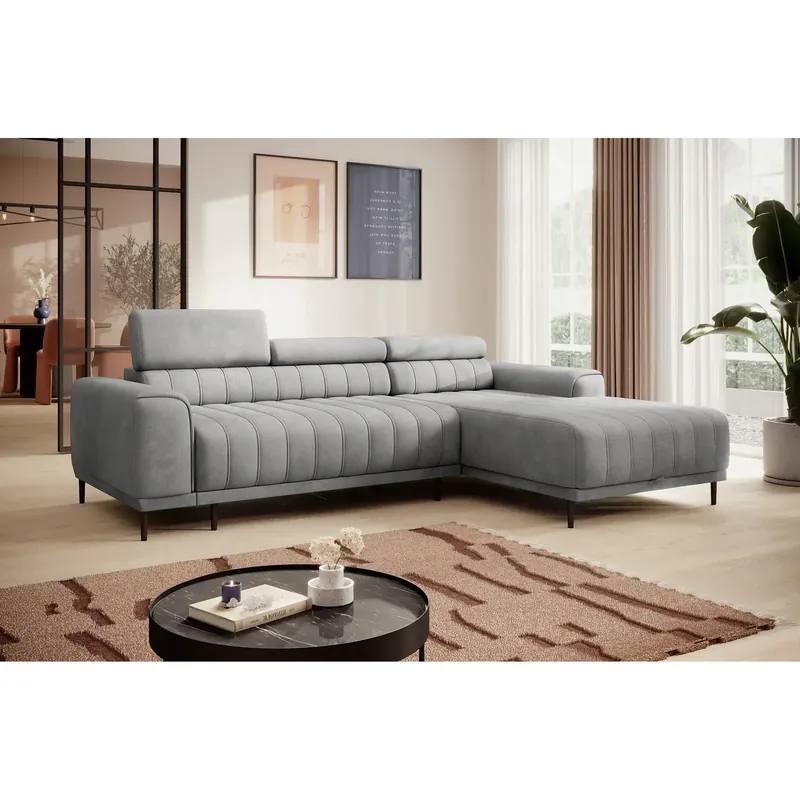 Livrare rapidă Coltar extensibil CALDO MINI, sezlong dreapta, stofa catifelata verde menta - Salvador 12, Gama Premium, cu lada depozitare si tetiere reglabile, 272x178x99 cm