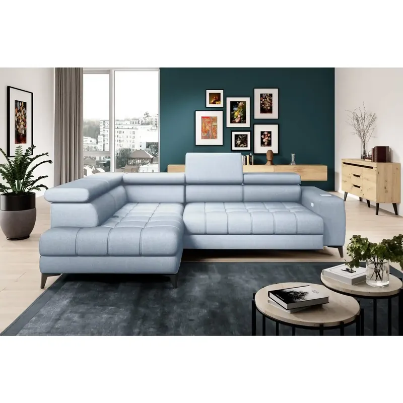 Coltar BAGGIO, sezlong stanga, stofa catifelata crem - Salvador 01, cu reglaj electric, incarcator wireless, lada depozitare si tetiere reglabile, 280x196x100 cm Retur ușor