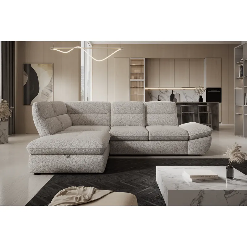 Coltar extensibil GALIANO L, personalizabil materiale gama Oferta Avantaj, cu lada depozitare si tetiere reglabile, 270x210x88 cm Reducere specială