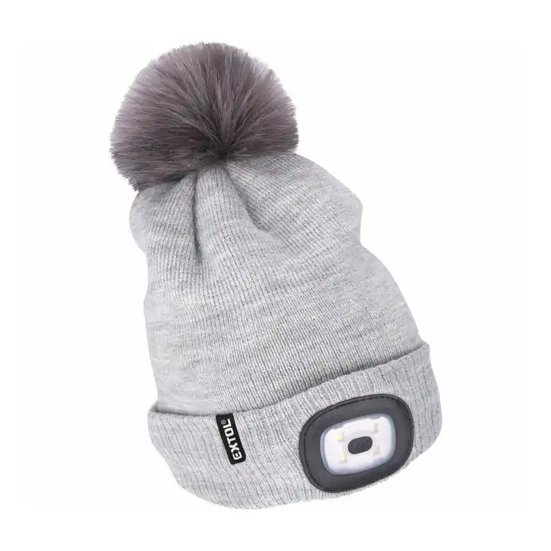 Ultima șansă Extol - Căciulă cu lanternă frontală, acumulator reîncărcabil de 300 mAh, încărcare USB, gri, cu pompon, mărime UNI