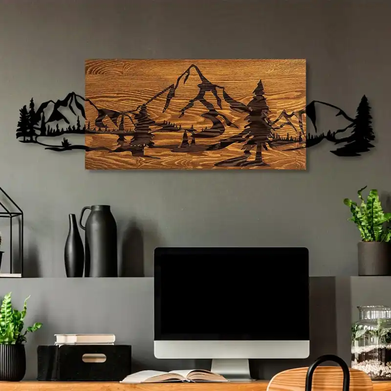 Premium Decorațiune de perete 93x29 cm lemn/metal munți