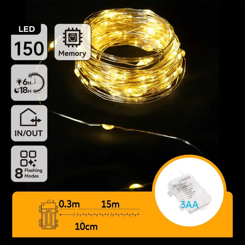 Aigostar -LED Ghirlandă pentru exterior 150xLED/8 funcții 3xAA 15,3m IP44 alb cald Livrare expres