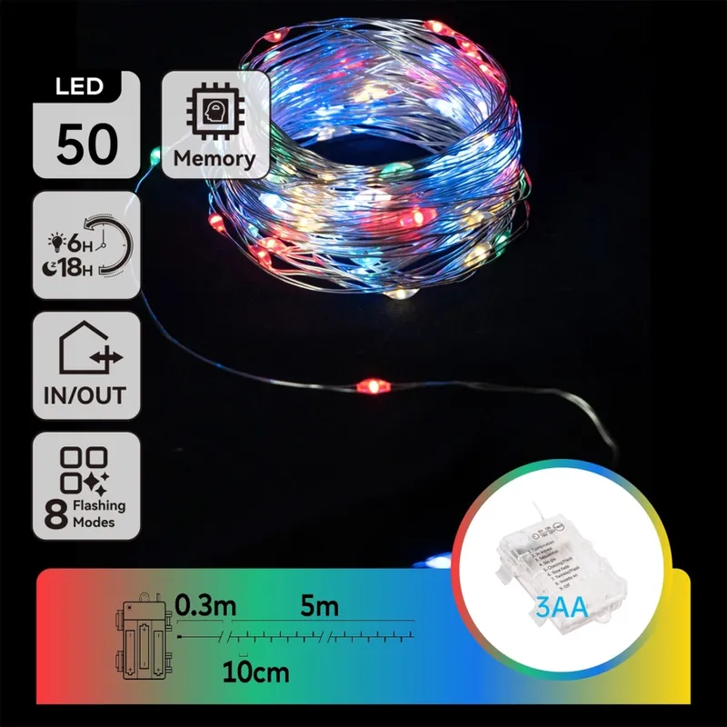 Cumpără acum Aigostar - Ghirlandă LED pentru exterior, 50 LED, 8 funcții, alimentare 3 x AA, 5,3 m, IP44, multicoloră