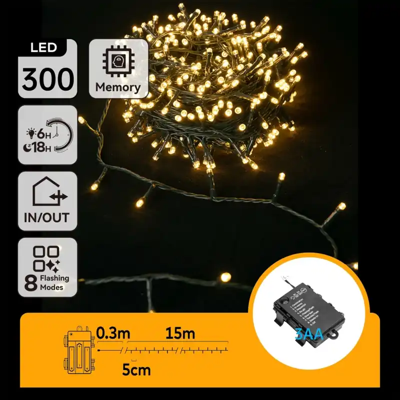 Aigostar - Ghirlandă LED pentru exterior, 300 LED, 8 funcții, 3xAA, 15,3 m, IP44, alb cald Chilipir