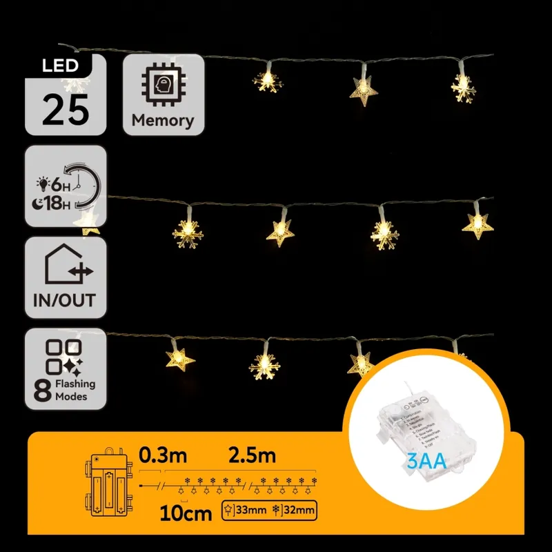 Aigostar - Instalație luminoasă LED pentru exterior 25xLED/8 funcții 3xAA 2,5m IP44 alb cald stele Retur gratuit