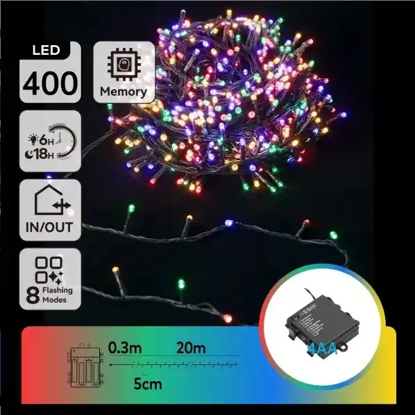 Aigostar - Ghirlandă LED pentru exterior, 400 LED, 8 moduri, alimentare 4xAA, 20,3 m, IP44, multicolor Retur ușor