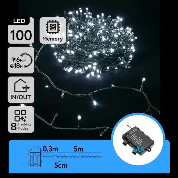 Aigostar - Ghirlandă LED pentru exterior, 100 LED, 8 moduri, alimentare 3x AA, 5,3 m, IP44, alb rece Bestseller