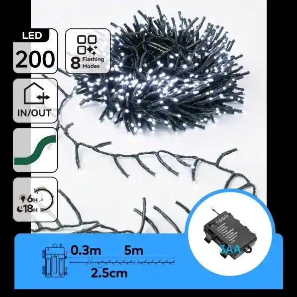 Aigostar - Ghirlandă luminoasă LED pentru exterior, 200 LED, 8 funcții, alimentare 3xAA, 5,3 m, IP44, alb rece Preț mic