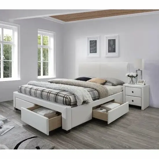 Calitate înaltă Pat Modena 2 cu sertare, design modern, piele ecologică, 160x200 cm, alb