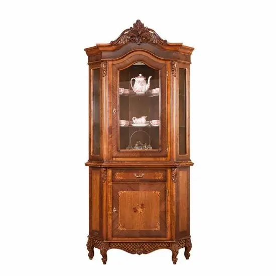 Set vitrină și bufet colț Milly din lemn masiv fag, panel și MDF, furniruit cu furnir de nuc, 103x55x135 cm Retur ușor