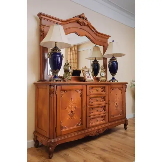 Bufet 4 uși Principesa, design clasic sculptat manual, lemn masiv paltin + MDF furniruit, 231x54x90 cm, nuc Nu rata