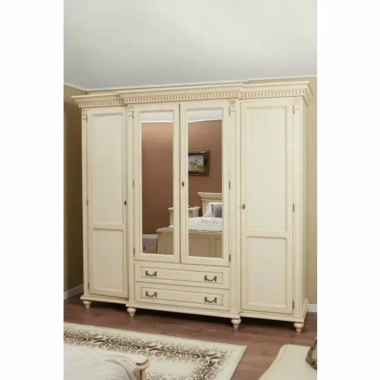 Dulap Floris cu 4 uși din lemn masiv fag și tei, 234x67x218 cm crem platinat, cu sculptură manuală Discount
