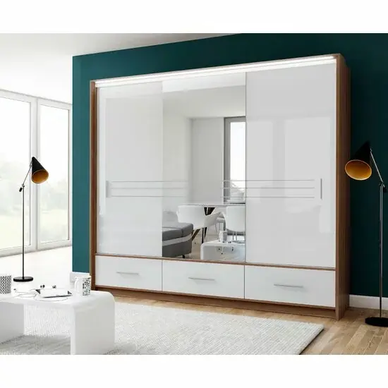 Dulap Amsterdam cu oglindă, uși glisante + iluminare LED, PAL melaminat, 250x61x225 cm, alb Plată sigură