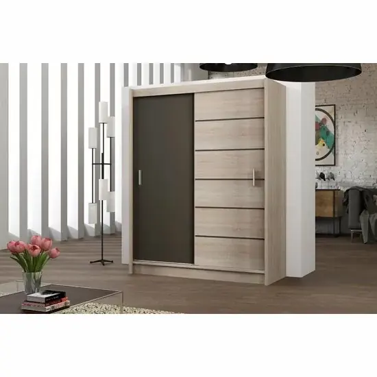 Dulap Sewilla dulap cu usi culisante din pal melaminat cu feronerie de calitate și compartimentare practică, 203x61x215 cm, stejar Sonoma Reducere extra