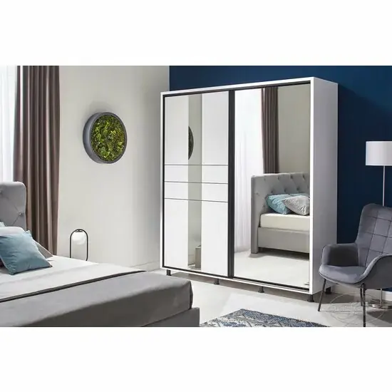 Calitate înaltă Dulap Rio Grande, alb - 200/224 cm, cu uși glisante, fațadă cu oglinzi și rame decorative, PAL melaminat